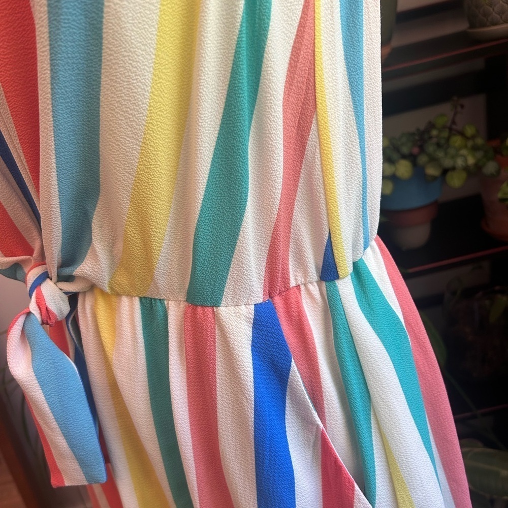 Striped V-Neck Multi Colored Mini Dress with Lining, Tie and Two Pockets Large - Picture 8 of 8